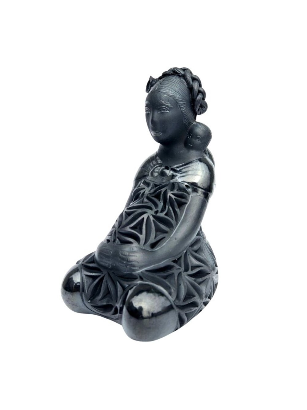 Handmade Black Clay Pregnant Woman Figure Child on Back Barro Negro Oaxaca Mex
